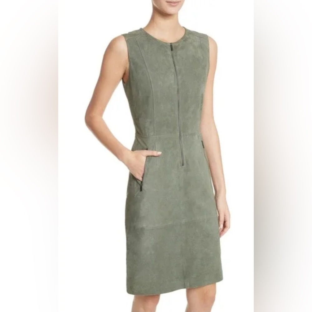 St. John leather suede green zip midi dress. Striped lining. Very good cond. -14 - Picture 2 of 6